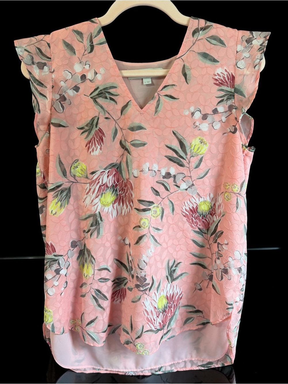 LOFT Womens Small Pink Floral Flutter Sleeve Blouse Top